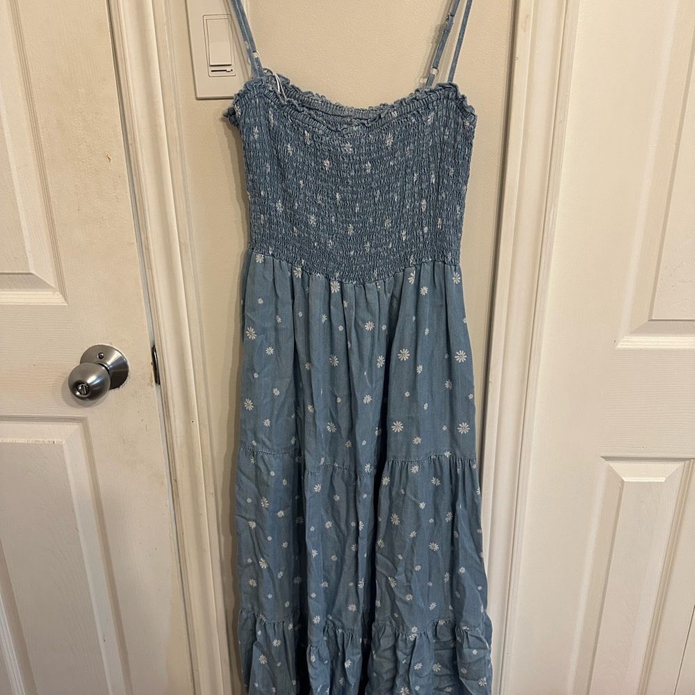 Blue Smocked Maxi Dress with White Floral Pattern By Thread Supply